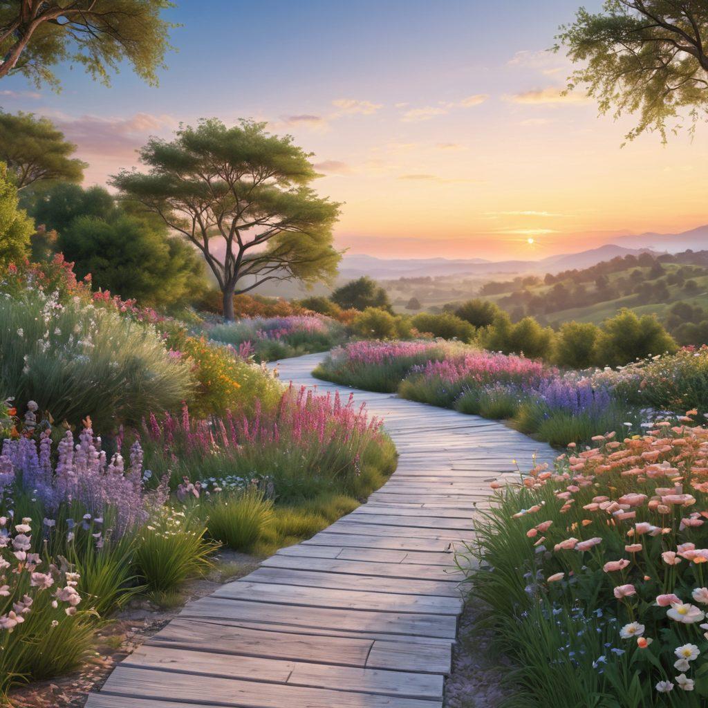 A serene landscape featuring a winding path leading to a bright horizon, symbolizing a journey towards wellness. Along the path, diverse individuals engage in activities representing different treatment options, such as yoga, meditation, and consultations with healthcare professionals. Incorporate elements of nature like blooming flowers and gentle streams to evoke a sense of hope and healing. Soft, pastel colors enhance the tranquil atmosphere. super-realistic. vibrant colors. 3D.