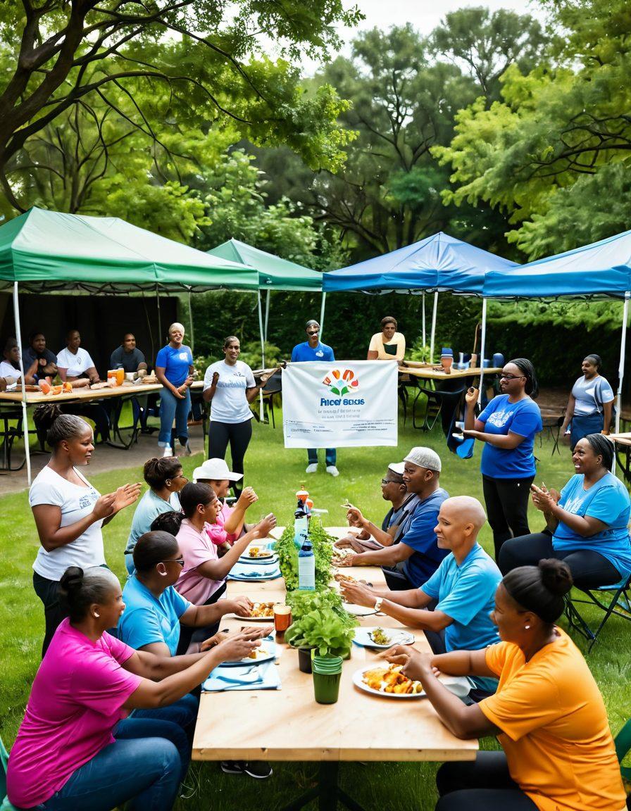 A diverse group of community members from various backgrounds engaged in a vibrant outdoor workshop setting, actively participating in cancer prevention activities like fitness exercises, healthy cooking demonstrations, and informative discussions. Include colorful banners promoting awareness, with a backdrop of lush greenery symbolizing growth and empowerment. Capture expressions of enthusiasm and collaboration among individuals, showcasing a sense of unity and purpose. super-realistic. vibrant colors. natural lighting.